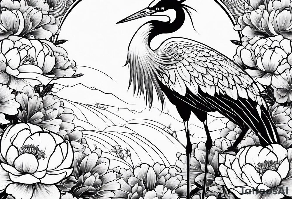 Japanese crane with peonies tattoo idea