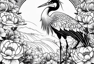 Japanese crane with peonies tattoo idea
