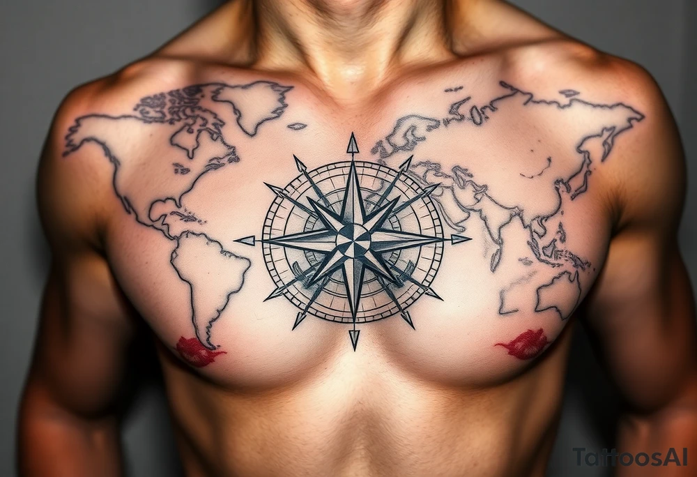 antique compass rose overlaid on weathered world map with sailing ships tattoo idea