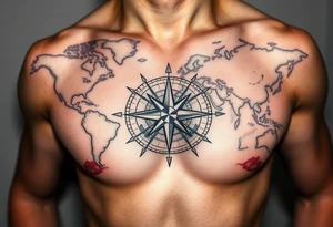 antique compass rose overlaid on weathered world map with sailing ships tattoo idea