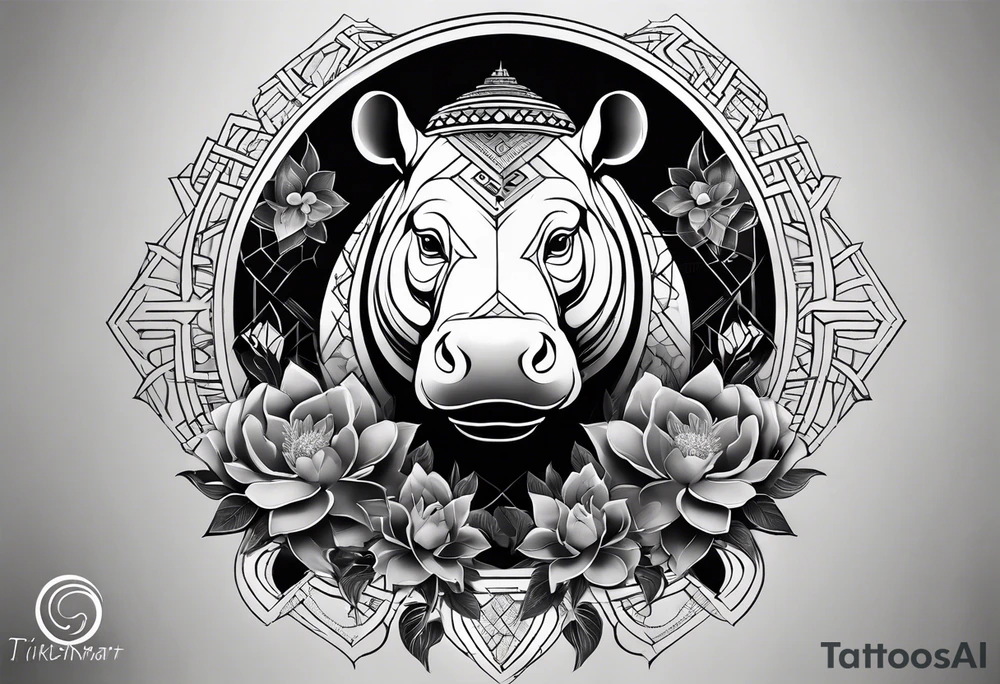 Very asymmetrical, +geometric pattern, with realistic full moon, with hippo at side look, +tribal, +geometric, +inkart , +blackwork, +grey scale, + sketch
with wintersweet flower bud, +inkart touch, +for men, detailed , combined favourite tattoo idea