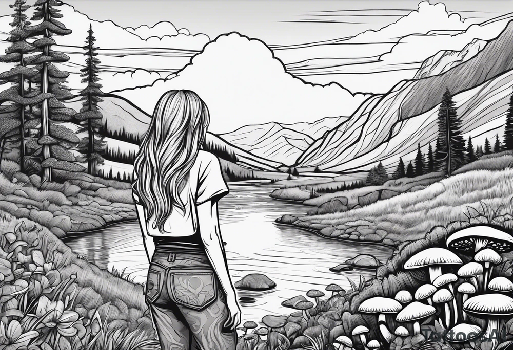 Straight long blonde hair hippie girl in distance holding mushrooms in hand facing away toward mountains and creek surrounded by mushrooms tee shirt and hiking pants tattoo idea
