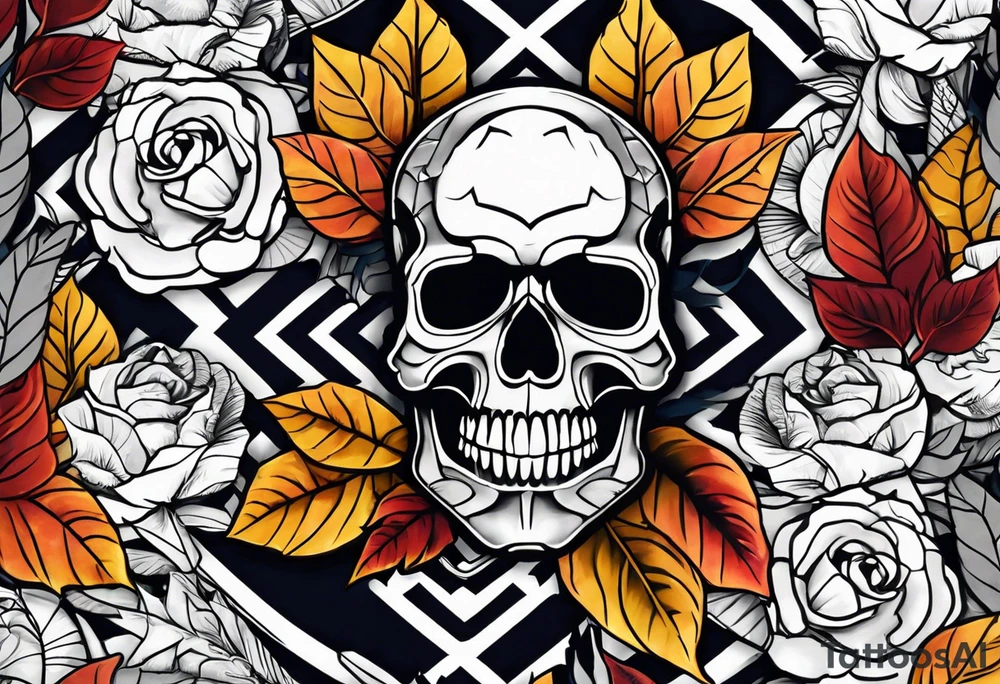 Knee tattoo with skull and fall colors tattoo idea
