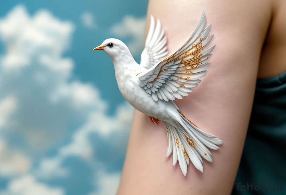 A white dove with gold accents flying through a sky of light blue stands for peace and freedom. tattoo idea