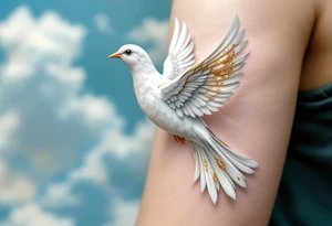 A white dove with gold accents flying through a sky of light blue stands for peace and freedom. tattoo idea