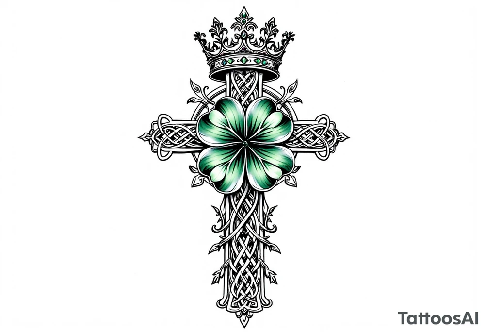 Celtic cross tattoo featuring intricate knotwork patterns along the arms and base of the cross. At the heart of the cross, place a vibrant four-leaf clover, its leaves shaded with subtle gradients of green, symbolizing luck and unity. Above the cross, incorporate a regal crown adorned with ornate details, such as small gemstones or filigree, to signify authority and strength. Behind the cross include a lot of filigree and celtic knots giving a tree of life vibe tattoo idea