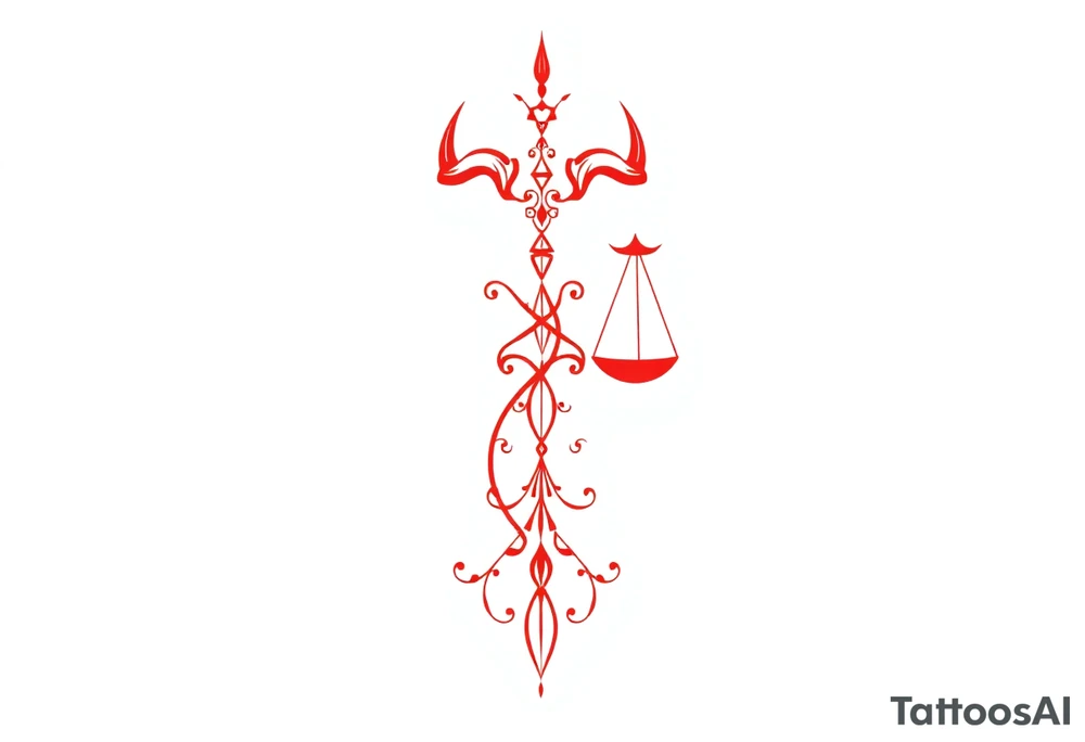 Tattoo that combines the star sign Taurus and Libra ,in red , down the spine tattoo idea