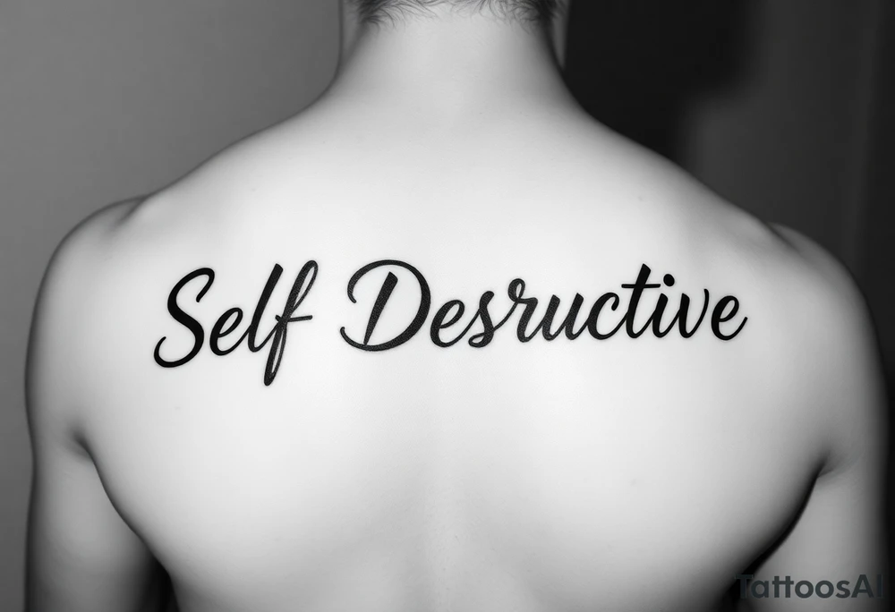 Outline of the words Self Destructive in a thick bold cursive font lettering across the chest tattoo idea