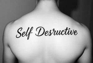 Outline of the words Self Destructive in a thick bold cursive font lettering across the chest tattoo idea