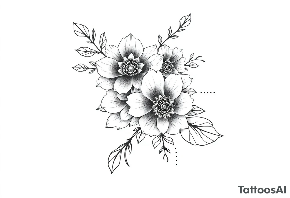 floral composition for sleeve with japanese vibe, mutiple ornemental patern and leaf, dot geometric ornement, lycoris tattoo idea