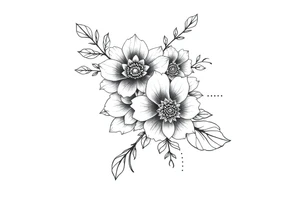 floral composition for sleeve with japanese vibe, mutiple ornemental patern and leaf, dot geometric ornement, lycoris tattoo idea
