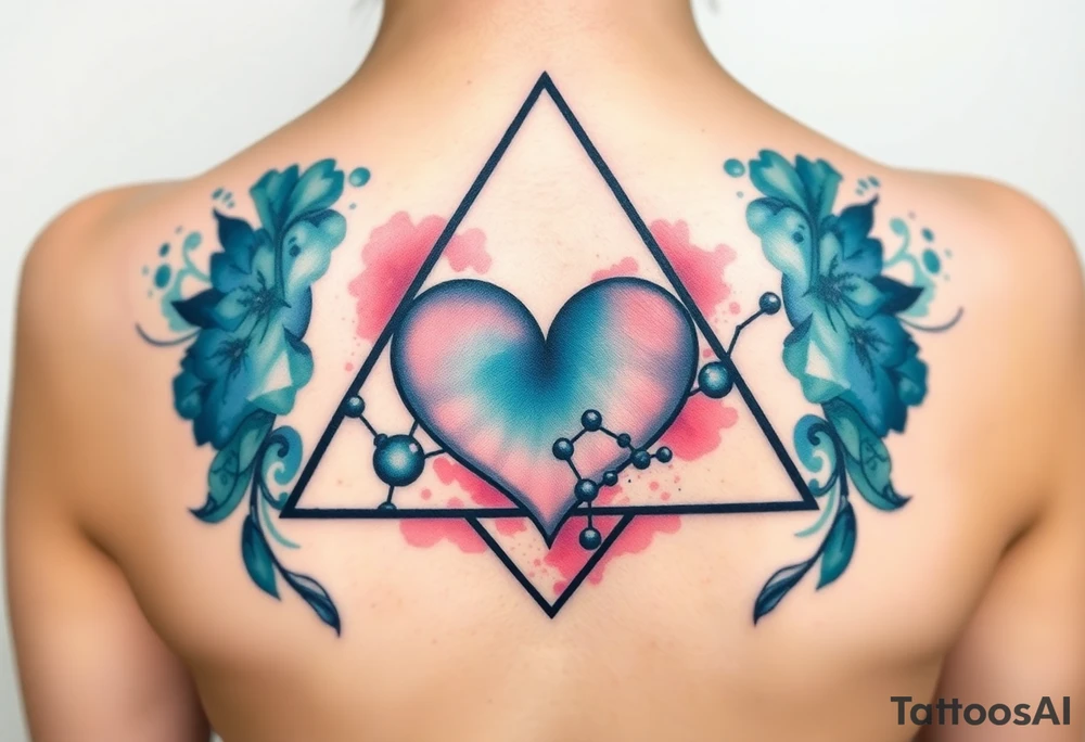 A triangle with a big heart in the center with chemical structures tattoo idea