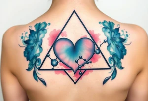 A triangle with a big heart in the center with chemical structures tattoo idea