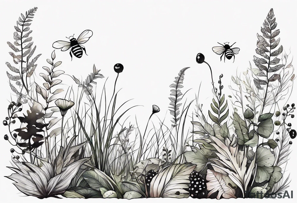 forest floor inspired minimalist tattoo, which includes grass, curly ferns, moss and dead leaves as the bulk of the tattoo. details to include: forest berries, a tiny bumblebee flying nearby, three small brown mushrooms
Generate a vertically long one tattoo idea