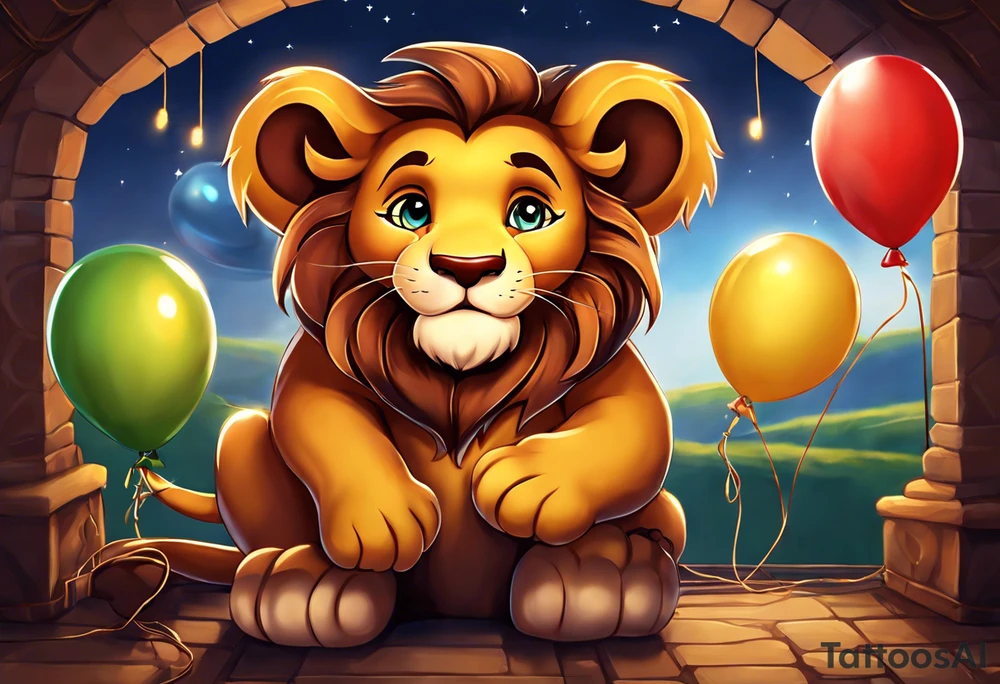Adult serious tatoo
A little lion boy is holding a string to the hearth shaped small party baloon.
lion boy should be drawed from behind and has one hand reaching up in 45 degree angle and holding the baloon string
On the string is a wave which look like a hearbeat pulse.
draw it without any scenery, without any background. Just a boy 
Add heartbeat pulse on the string tattoo idea