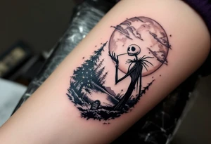 jack skellington smoking,christmas lights,trees,lake,grave,big clouds,moon tattoo idea