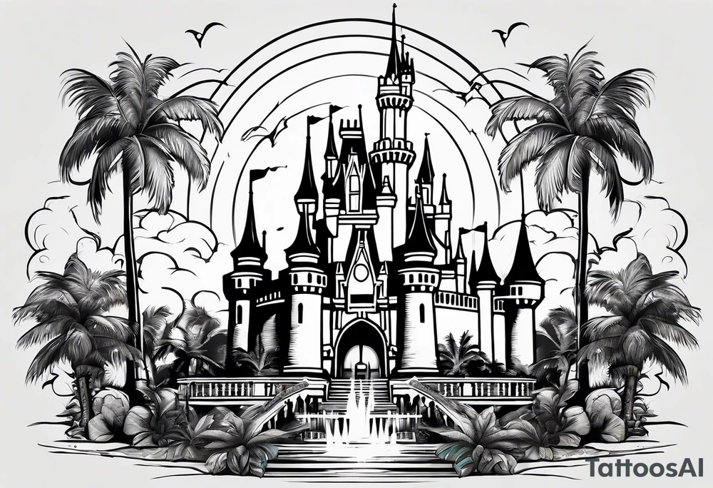 disney castle with a lightning storm palm trees and a mickey mouse tattoo idea