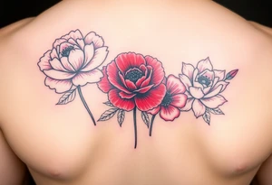 Pink peonie outline deep red rose outline red poppy outline and pink carnation outline for arm tattoo idea