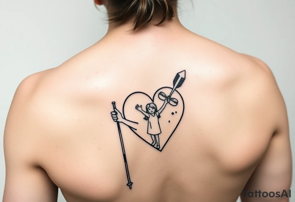 one line tattoo with a woman holding hiking poles and climbing, with a little girl inside her heart cheering for her tattoo idea
