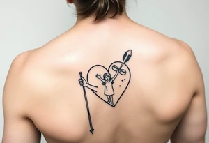 one line tattoo with a woman holding hiking poles and climbing, with a little girl inside her heart cheering for her tattoo idea