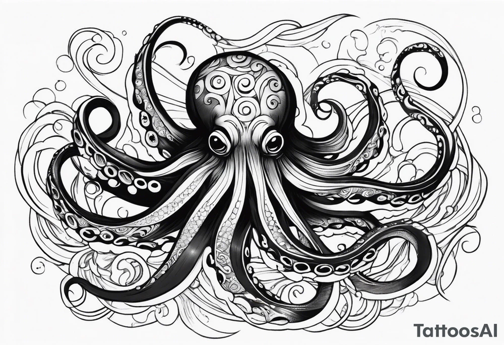 Tribal half sleeve. octopus surrounded by ribbons of water waves filled with fish. the octopus has no eyes. Use thick lines only with less detail. tattoo idea