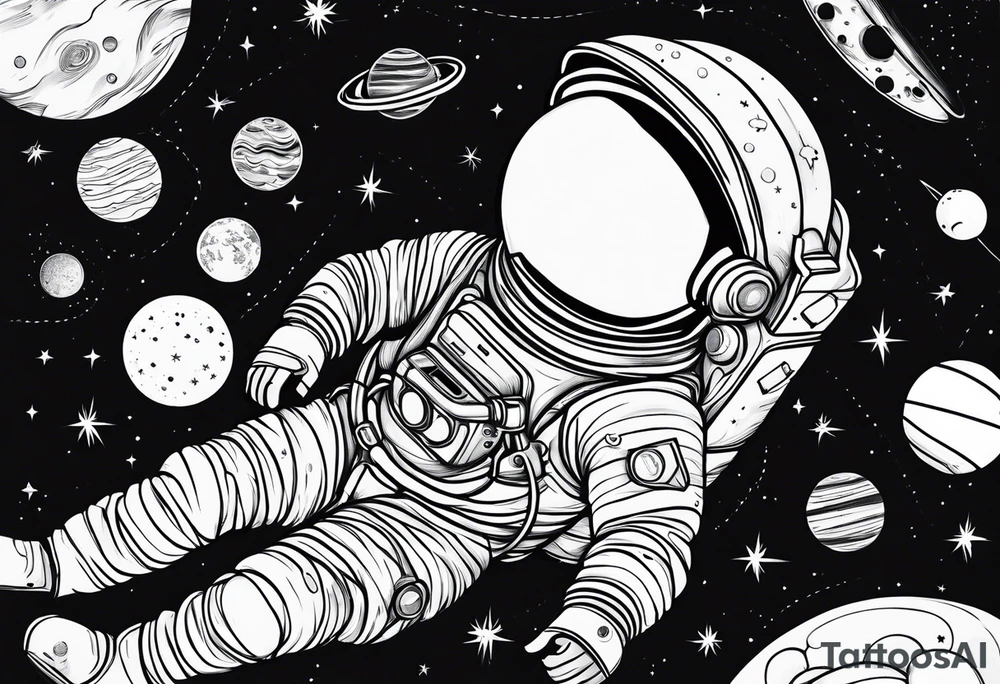 An astronaut floating in space with planets around him tattoo idea