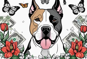 american staffordshire with tulips with a butterfly, with pills, drugs, euro bank notes and currency, vbank cheques, police, walkietalkies tattoo idea