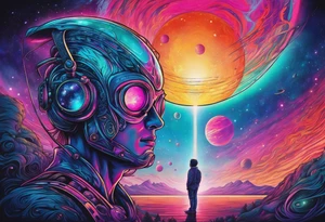 Full Back, synthwave, colossal Alien entities and space stuff, small human on The foreground in awe of The sheer scale of The infinite universe tattoo idea