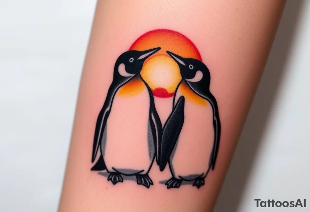 Penguins cuddling each other, looking away towards a sunset tattoo idea