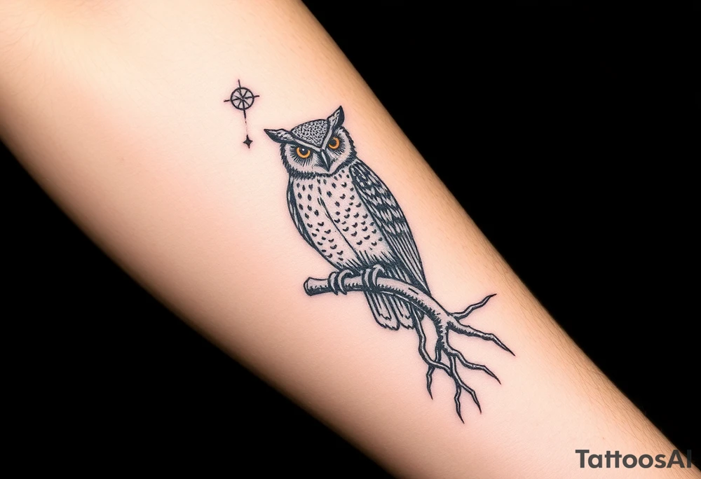 wise owl perched on ancient oak branch under starlit sky tattoo idea