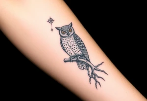 wise owl perched on ancient oak branch under starlit sky tattoo idea