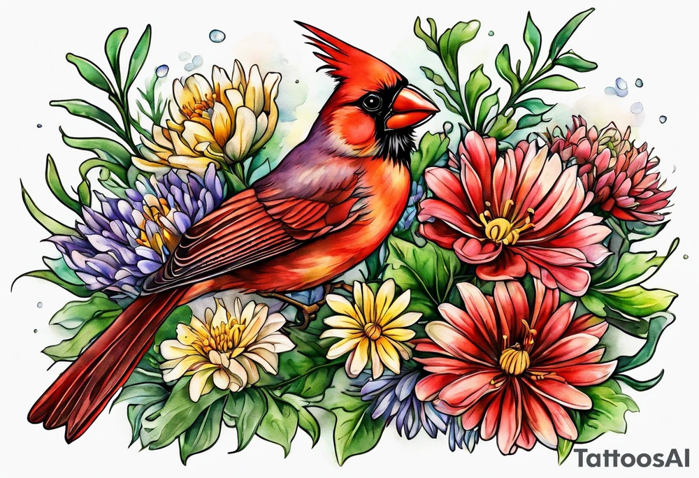 Aster flowers and sea rocket flowers with a cardinal around the words Dad tattoo idea