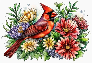 Aster flowers and sea rocket flowers with a cardinal around the words Dad tattoo idea