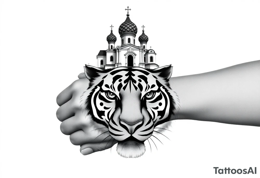 Realistic tiger face on the back of the hand with its eyes ALL black sitting beneath a Russian Orthodox cathedral sitting above on the top fore arm with onion domes and orthodox crosses. with clouds above and a virgin mary tattoo idea