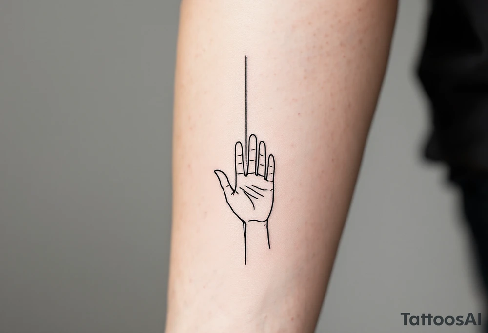 Minimalistic black line tattoo of a simple hand outline reaching toward a thin ray of light, clean and abstract design tattoo idea