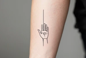 Minimalistic black line tattoo of a simple hand outline reaching toward a thin ray of light, clean and abstract design tattoo idea