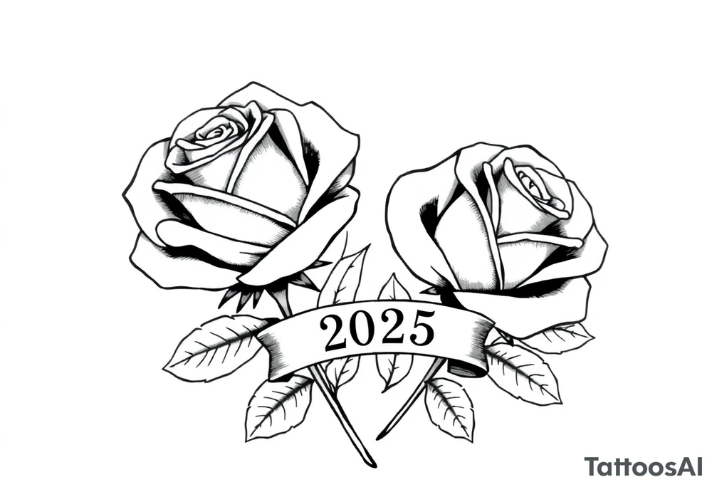 two beautiful large rose buds, one larger than the other, with many leaves next to the rose buds, with one sitting slightly higher than the other, side-by-side.  Include a banner connecting the two roses with the year 2025 on it.   Use dark outlines with little shading. No stems tattoo idea