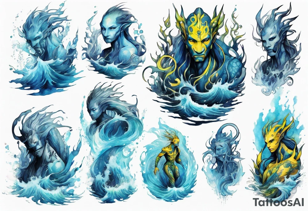 a Na'vi standing in the sea surrounded by crashing waves tattoo idea