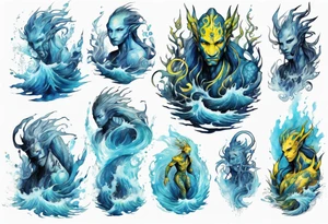 a Na'vi standing in the sea surrounded by crashing waves tattoo idea