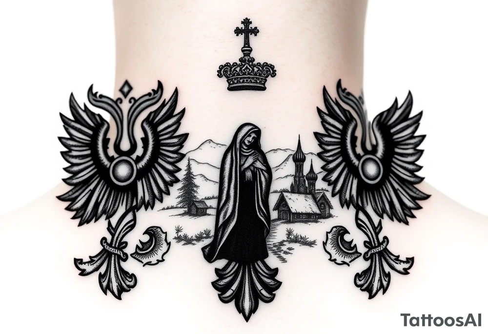 Traditional authentic Russian coat of arms with a Christian orthodox virgin marry in the middle and silhouette in a Russian wilderness Christian orthodoxy village setting tattoo idea