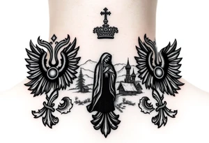 Traditional authentic Russian coat of arms with a Christian orthodox virgin marry in the middle and silhouette in a Russian wilderness Christian orthodoxy village setting tattoo idea