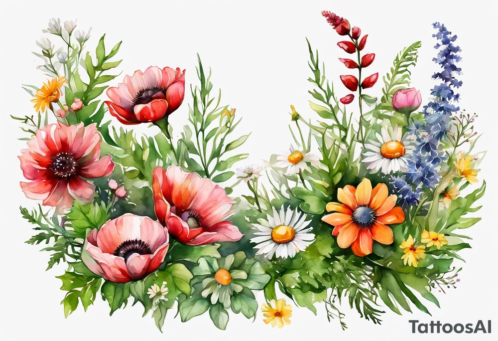 simple wildflowers cascading with thistles, ferns, white anemones, sun flowers, red flowers, pink flowers, green flowers, buttercups, orange flowers, babys breath and daisies all in watercolor tattoo idea