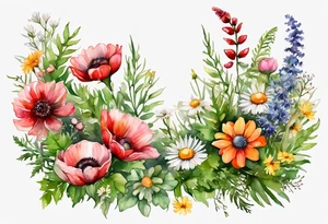 simple wildflowers cascading with thistles, ferns, white anemones, sun flowers, red flowers, pink flowers, green flowers, buttercups, orange flowers, babys breath and daisies all in watercolor tattoo idea