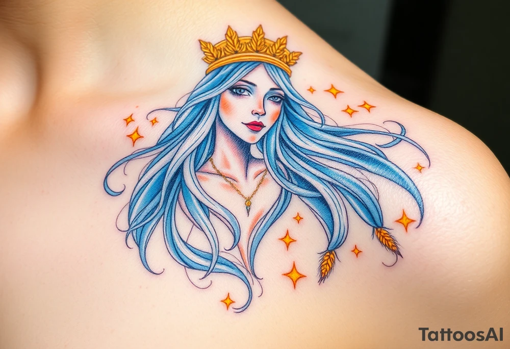 A celestial Virgo goddess with long flowing silver hair, wearing a crown of golden wheat, floating among glowing stars tattoo idea
