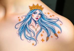 A celestial Virgo goddess with long flowing silver hair, wearing a crown of golden wheat, floating among glowing stars tattoo idea