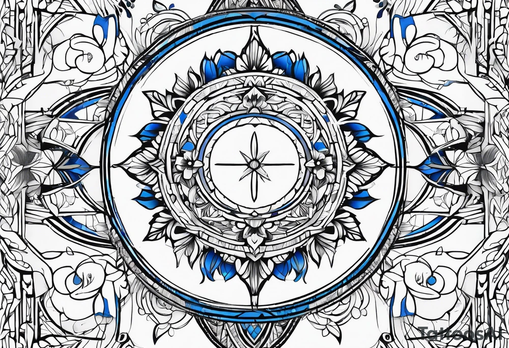 Linear minimalistic metatron , with abstract floral patern in blue linear design tattoo idea