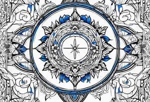 Linear minimalistic metatron , with abstract floral patern in blue linear design tattoo idea