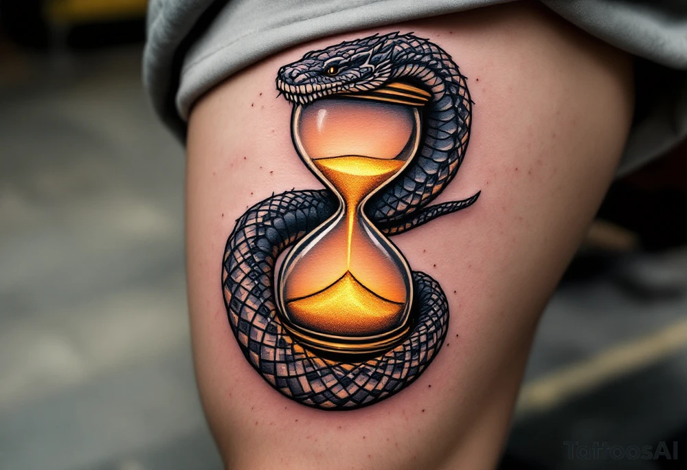 An ouroboros (snake eating its tail) wrapped around a glowing hourglass, with golden sand shifting, representing time’s role in karmic balance. tattoo idea