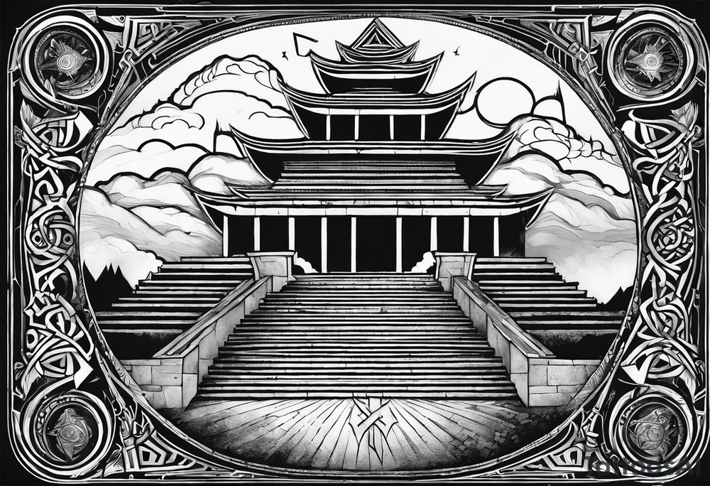 Valhalla stairs 
Valhalla stairs sword shield  axe 
Valknut  ruins lightnings tattoo idea