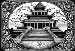Valhalla stairs 
Valhalla stairs sword shield  axe 
Valknut  ruins lightnings tattoo idea